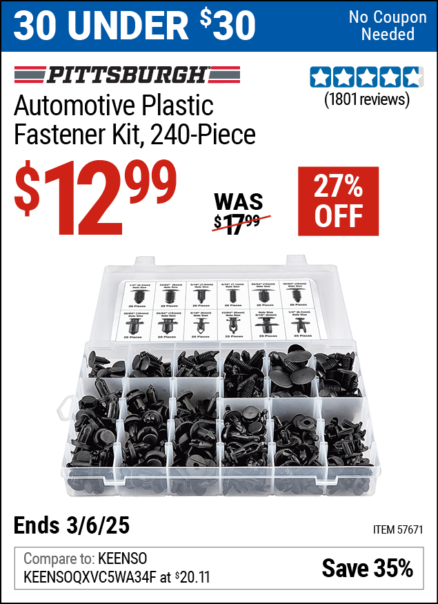 Buy the PITTSBURGH Automotive Plastic Fastener Kit, 240-Piece (Item 57671) for $12.99, valid through 3/6/2025.