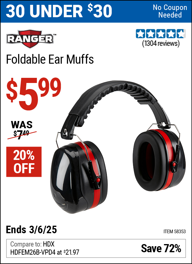 Buy the RANGER Foldable Ear Muffs (Item 58353) for $5.99, valid through 3/6/2025.