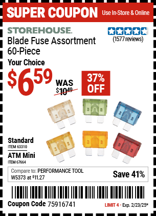 Buy the STOREHOUSE Blade Fuse Assortment, 60-Piece (Item 63310/67664) for $6.59, valid through 2/23/2025.