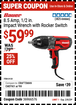 Buy the BAUER 8.5 Amp 1/2 in. Impact Wrench with Rocker Switch (Item 64120) for $59.99, valid through 2/9/2025.