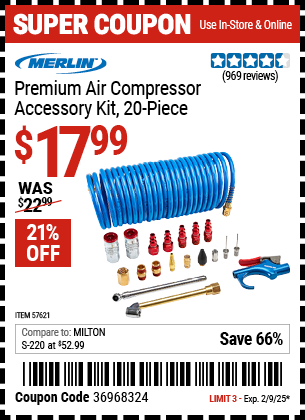 Buy the MERLIN Premium Air Compressor Accessory Kit, 20-Piece (Item 57621) for $17.99, valid through 2/9/2025.