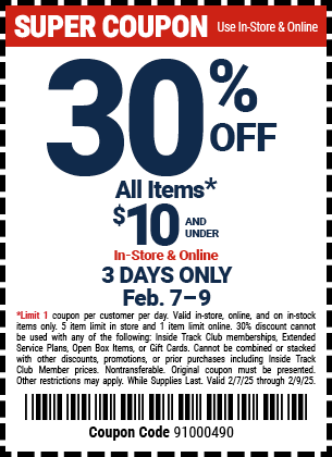 30% Off All Items $10 and Under, valid through 2/9/2025.