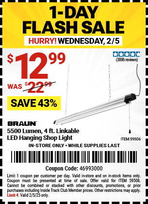 Buy the BRAUN 5500 Lumen, 4 ft. Linkable LED Hanging Shop Light (Item 59506) for $12.99, valid through 2/5/2025.