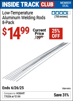 Inside Track Club members can Buy the Low Temperature Aluminum Welding Rods, 8-Pack (Item 44810) for $14.99, valid through 6/26/2025.