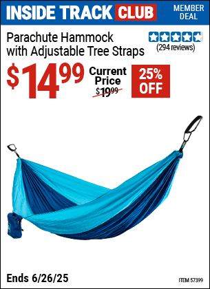 Inside Track Club members can Buy the Parachute Hammock with Adjustable Tree Straps (Item 57399) for $14.99, valid through 6/26/2025.