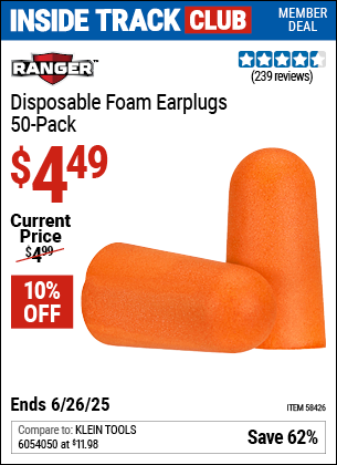 Inside Track Club members can Buy the RANGER Disposable Foam Earplugs, 50-Pack (Item 58426) for $4.49, valid through 6/26/2025.