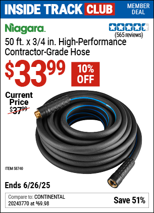 Inside Track Club members can Buy the NIAGARA 50 ft. x 3/4 in. High-Performance Contractor-Grade Hose (Item 58740) for $33.99, valid through 6/26/2025.