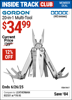 Inside Track Club members can Buy the GORDON 20-in-1 Multi-Tool (Item 59617) for $34.99, valid through 6/26/2025.