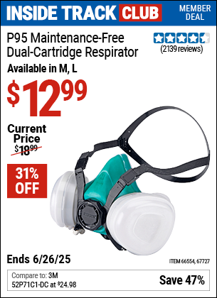 Inside Track Club members can Buy the GERSON P95 Maintenance-Free Dual Cartridge Respirator (Item 67727/66554) for $12.99, valid through 6/26/2025.