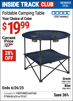 Inside Track Club members can Buy the Foldable Camping Table (Item 70074/57485) for $19.99, valid through 6/26/2025.