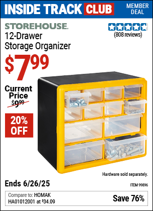 Inside Track Club members can Buy the STOREHOUSE 12-Drawer Storage Organizer (Item 99896) for $7.99, valid through 6/26/2025.