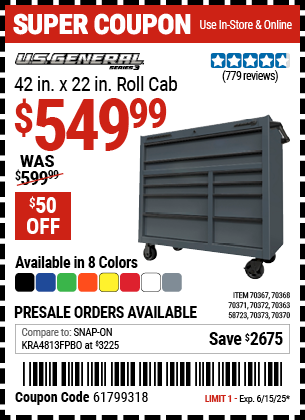 Buy the U.S. GENERAL 42 in. x 22 in. Roll Cab, Series 3 (Item 58723/70363/70367/70368/70370/70371/70372/70373) for $549.99, valid through 6/15/2025.