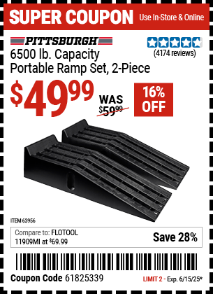Buy the PITTSBURGH 6500 lb. Capacity Portable Ramp Set, 2-Piece (Item 63956) for $49.99, valid through 6/15/2025.