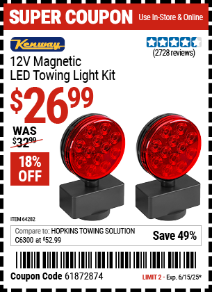 Buy the KENWAY 12V Magnetic LED Towing Light Kit (Item 64282) for $26.99, valid through 6/15/2025.