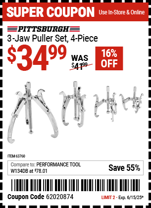 Buy the PITTSBURGH Three-Jaw Puller Set, 4-Piece (Item 63760) for $34.99, valid through 6/15/2025.