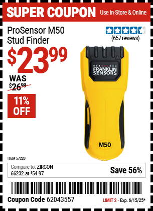Buy the FRANKLIN SENSORS ProSensor M50 Stud Finder (Item 57220) for $23.99, valid through 6/15/2025.