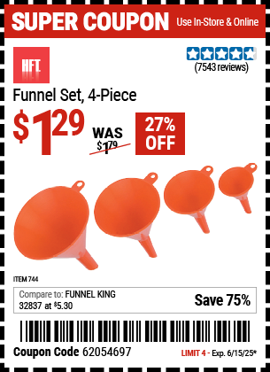 Buy the HFT Funnel Set, 4-Piece (Item 00744) for $1.29, valid through 6/15/2025.
