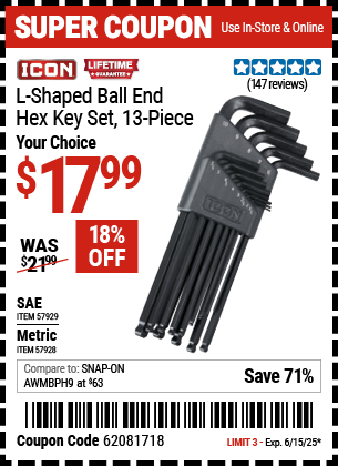 Buy the ICON L-Shaped Ball End Hex Key Set, 13-Piece (Item 57928/57929) for $17.99, valid through 6/15/2025.