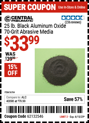 Buy the CENTRAL PNEUMATIC 25 lb. Black Aluminum Oxide 70 Grit Abrasive Media (Item 56704) for $33.99, valid through 6/15/2025.