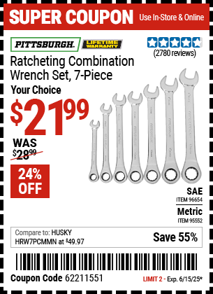 Buy the PITTSBURGH Ratcheting Combination Wrench Set, 7-Piece (Item 95552/96654) for $21.99, valid through 6/15/2025.