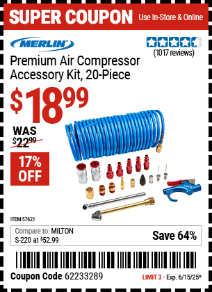 Buy the MERLIN Premium Air Compressor Accessory Kit, 20-Piece (Item 57621) for $18.99, valid through 6/15/2025.