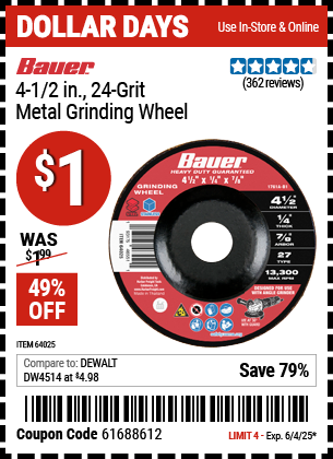 Buy the BAUER 4-1/2 in. 24 Grit Metal Grinding Wheel (Item 64025) for $1, valid through 6/4/2025.