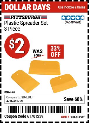 Buy the PITTSBURGH Plastic Spreader Set, 3-Piece (Item 69563) for $2, valid through 6/4/2025.