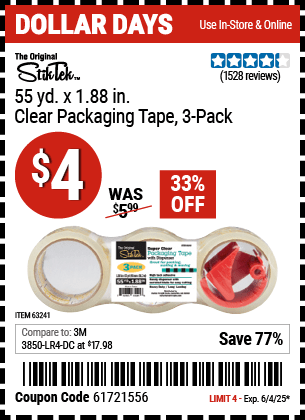 Buy the STIKTEK 55 yds. x 1.88 in. Clear Packaging Tape, 3-Pack (Item 63241) for $4, valid through 6/4/2025.