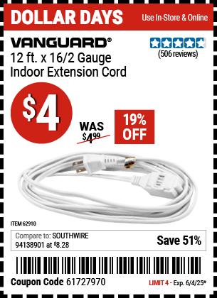 Buy the VANGUARD 12 ft. x 16/2 Gauge Indoor Extension Cord, White (Item 62910) for $4, valid through 6/4/2025.
