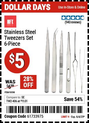 Buy the HFT Stainless Steel Tweezers Set, 6-Piece (Item 93598) for $5, valid through 6/4/2025.