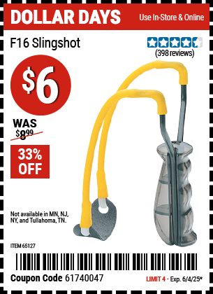 Buy the DAISY OUTDOOR PRODUCTS F16 Slingshot (Item 65127) for $6, valid through 6/4/2025.
