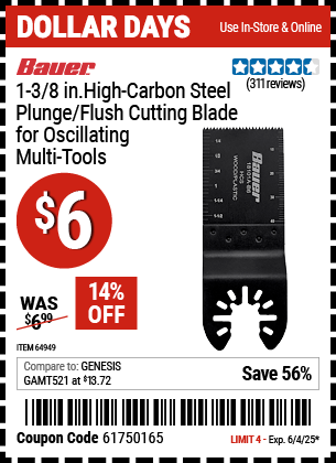 Buy the BAUER 1-3/8 in. High Carbon Steel Plunge/Flush Cutting Blade for Oscillating Multi-Tools (Item 64949) for $6, valid through 6/4/2025.