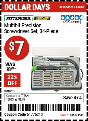 Buy the PITTSBURGH Multibit Precision Screwdriver Set, 34-Piece (Item 93916) for $7, valid through 6/4/2025.