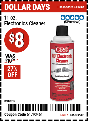 Buy the CRC 11 Oz. Electronics Cleaner (Item 62228) for $8, valid through 6/4/2025.