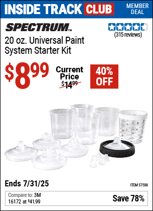 Inside Track Club members can Buy the SPECTRUM 20 oz. Universal Paint System Starter Kit (Item 57508) for $8.99, valid through 7/31/2025.