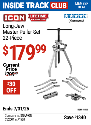 Inside Track Club members can Buy the ICON Long-Jaw Master Puller Set, 22-Piece (Item 58003) for $179.99, valid through 7/31/2025.