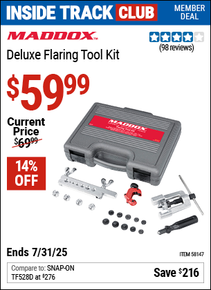 Inside Track Club members can Buy the MADDOX Deluxe Flaring Tool Kit (Item 58147) for $59.99, valid through 7/31/2025.
