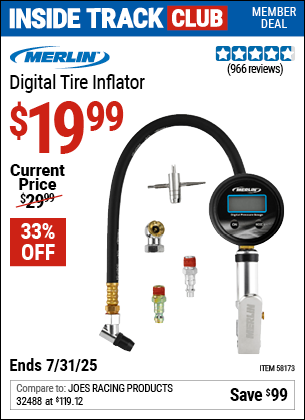 Inside Track Club members can Buy the MERLIN Digital Tire Inflator (Item 58173) for $19.99, valid through 7/31/2025.