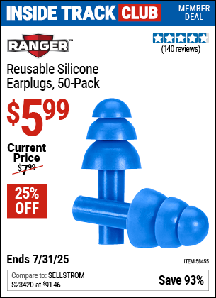 Inside Track Club members can Buy the RANGER Reusable Silicone Earplugs, 50-Pack (Item 58455) for $5.99, valid through 7/31/2025.
