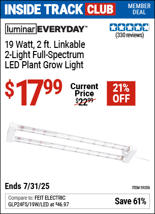 Inside Track Club members can Buy the LUMINAR EVERYDAY 19 Watt, 2 ft. Linkable Two-Light Full Spectrum LED Plant Grow Light (Item 59250) for $17.99, valid through 7/31/2025.