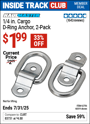 Inside Track Club members can Buy the HAUL-MASTER 1/4 in. Cargo D-Ring Anchor, 2-Pack (Item 60319/62756) for $1.99, valid through 7/31/2025.