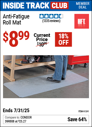 Inside Track Club members can Buy the HFT Anti-Fatigue Roll Mat (Item 61241) for $8.99, valid through 7/31/2025.