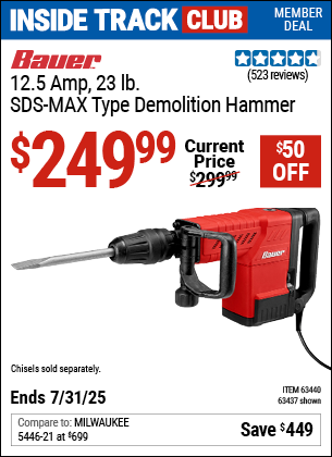 Inside Track Club members can Buy the BAUER 12.5 Amp, 23 lb. SDS-MAX Type Demolition Hammer (Item 63437/63440) for $249.99, valid through 7/31/2025.