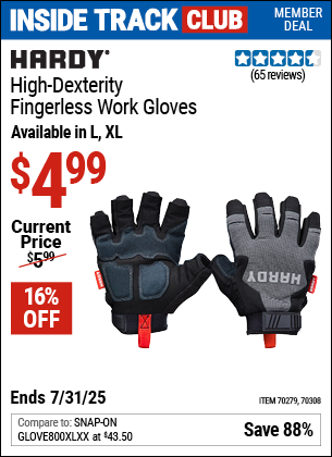 Inside Track Club members can Buy the HARDY High-Dexterity Fingerless Work Gloves (Item 70308/70279) for $4.99, valid through 7/31/2025.