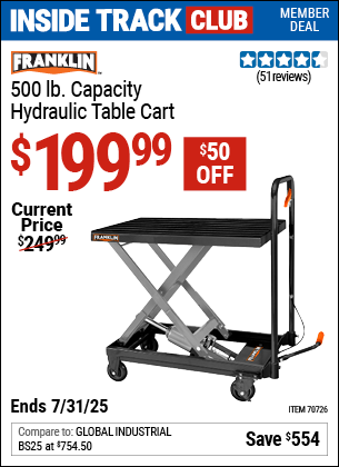Inside Track Club members can Buy the FRANKLIN 500 lb. Capacity Hydraulic Table Cart (Item 70726) for $199.99, valid through 7/31/2025.