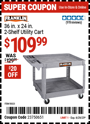 Buy the FRANKLIN 36 in. x 24 in. 2-Shelf Utility Cart (Item 58323) for $109.99, valid through 6/29/2025.
