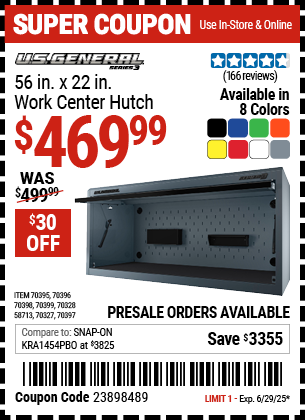 Buy the U.S. GENERAL 56 in. x 22 in. Work Center Hutch, Series 3 (Item 58713/70327/70328/70395/70396/70397/70398/70399) for $469.99, valid through 6/29/2025.