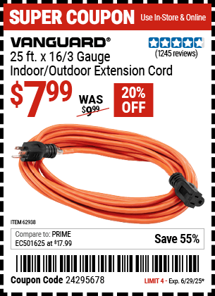 Buy the VANGUARD 25 ft. x 16/3 Gauge Indoor/Outdoor Extension Cord, Orange (Item 62938) for $7.99, valid through 6/29/2025.