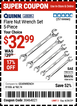 Buy the QUINN Flare Nut Wrench Set, 5-Piece (Item 56793/56794) for $32.99, valid through 6/29/2025.