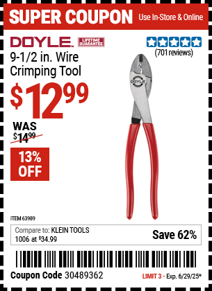 Buy the DOYLE 9-1/2 in. Wire Crimping Tool (Item 63989) for $12.99, valid through 6/29/2025.